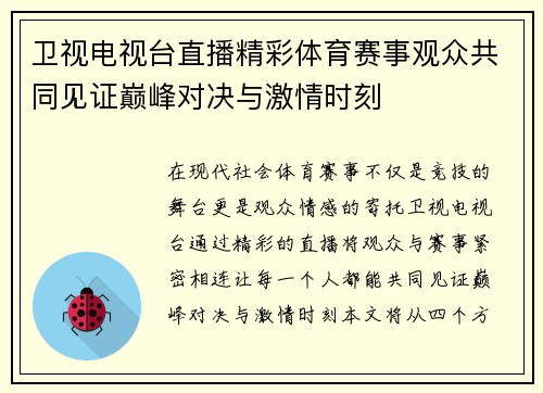 卫视电视台直播精彩体育赛事观众共同见证巅峰对决与激情时刻