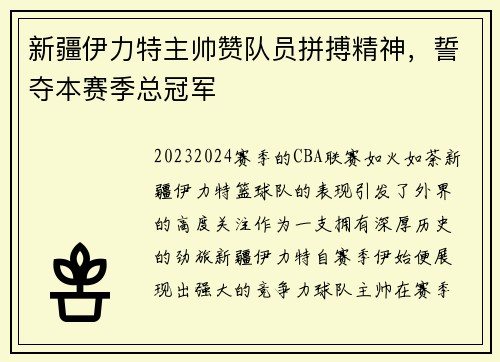 新疆伊力特主帅赞队员拼搏精神，誓夺本赛季总冠军